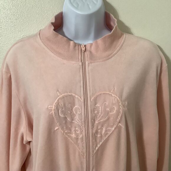 Vintage Y2K Pastel Pink Velour Coquette McBling Beaded Heart Zip Up Jacket XL - Picture 2 of 9